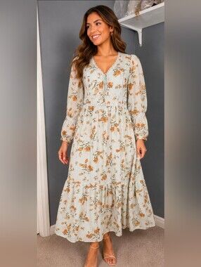 White and Brown Long Sleeve Sundress with Bishop Sleeves